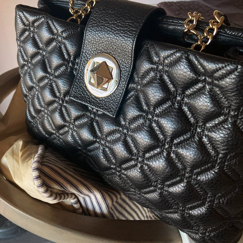 Kate Spade Astor Court Elena Black Diamond Quilted Leather Shoulder Tote Bag